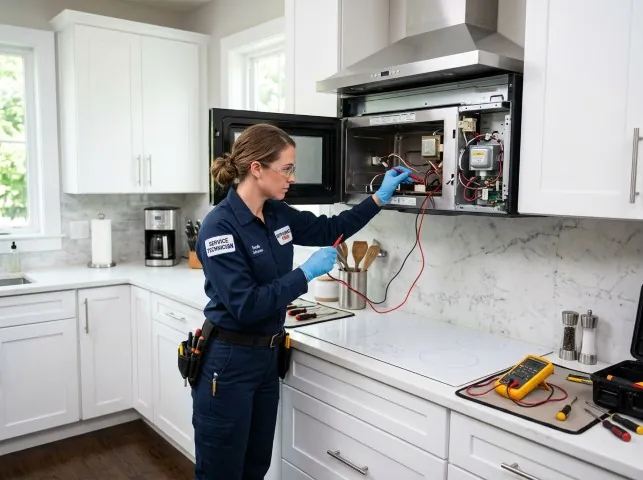 Appliance Repair Hero technician testing an over-the-range microwave in a Andover, MA kitchen